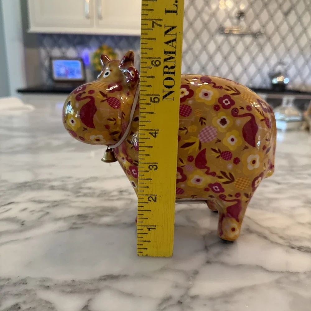 Pomme Pidou Floral Ceramic Flamingos, Red Gold Floral Colorful Cow Coin Bank